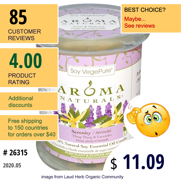 Aroma Naturals, 100% Natural Soy Essential Oil Candle, Serenity, Ylang Ylang & Lavender, 8.8 Oz (260 G) 3&Quot; X 3.5&Quot;