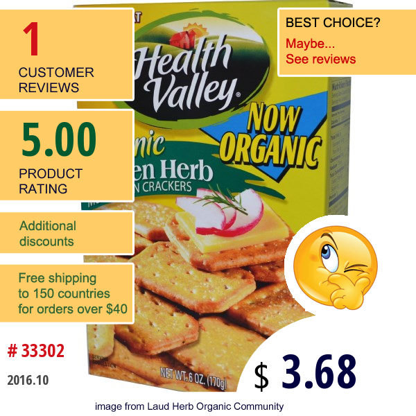 Health Valley, Organic Multigrain Crackers, Garden Herb, 6 Oz (170 G)  