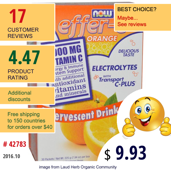 Now Foods, Effer-C, Electrolytes, Effervescent Drink Mix, Orange, 30 Packets, 7.5 G Each
