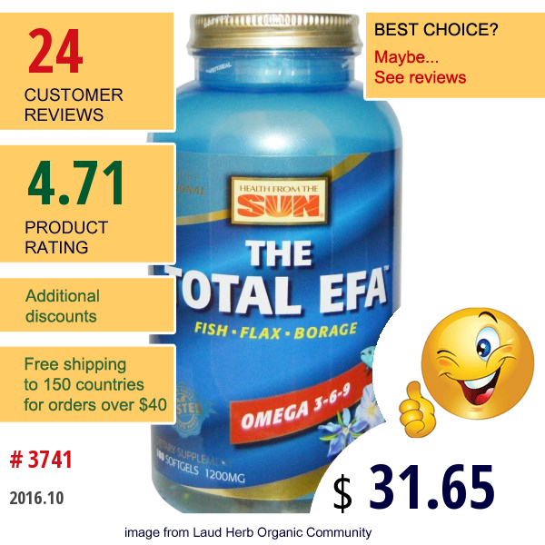 Health From The Sun, The Total Efa, Omega 3-6-9, 180 Softgels