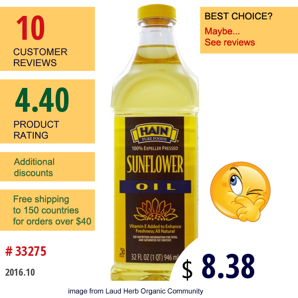 Hain Pure Foods, Sunflower Oil, 32 Fl Oz (946 Ml)  