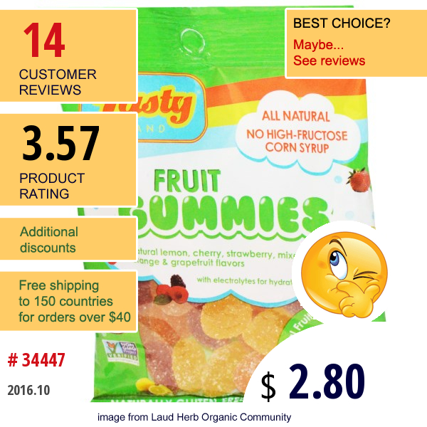Tasty Brand, Fruit Gummies, Citrus Splash Flavors, 2.75 Oz (78 G)