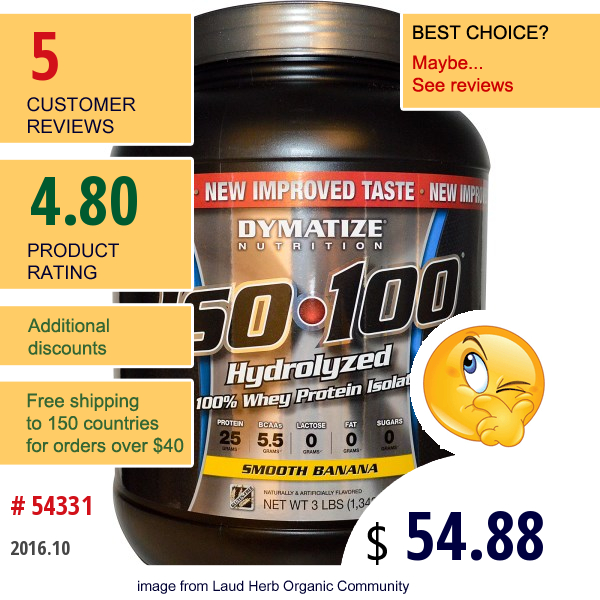 Dymatize Nutrition, Iso•100 Hydrolyzed 100% Whey Protein Isolate, Smooth Banana, 3 Lbs (1,343 G)  