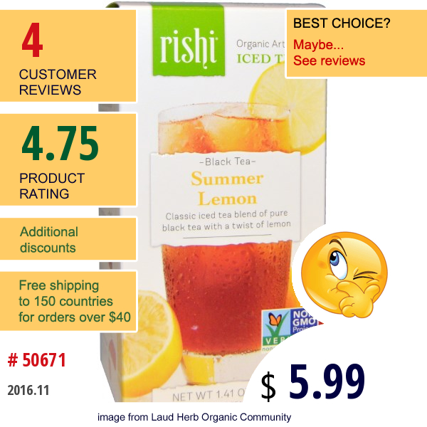 Rishi Tea, Organic Artisan Iced Tea,  Black Tea, Summer Lemon, 5 1-Quart Iced Tea Sachets, 1.41 Oz (40 G)