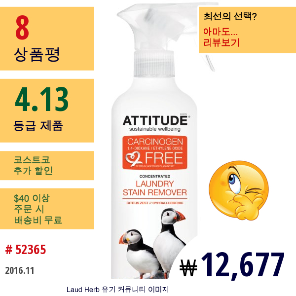 Attitude, 농축된, 세탁 얼룩 제거제, 시트러스 제스트, 16 액량 온스 (475 Ml)