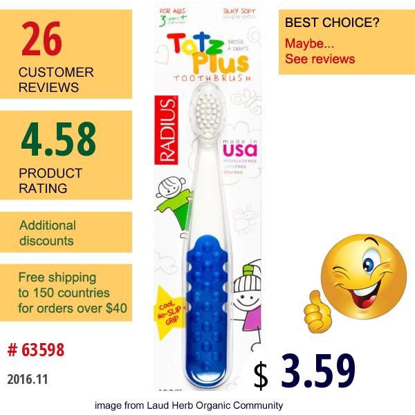 Radius, Totz Plus Toothbrush, 3+ Years, White/blue, 1 Toothbrush Radius, Totz Plus Toothbrush, 3+ Years, White/blue, 1 Toothbrush