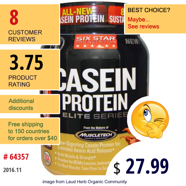 Muscletech, Six Star Pro Nutrition, Casein Protein, Elite Series, Triple Chocolate, 2 Lbs (907 G)
