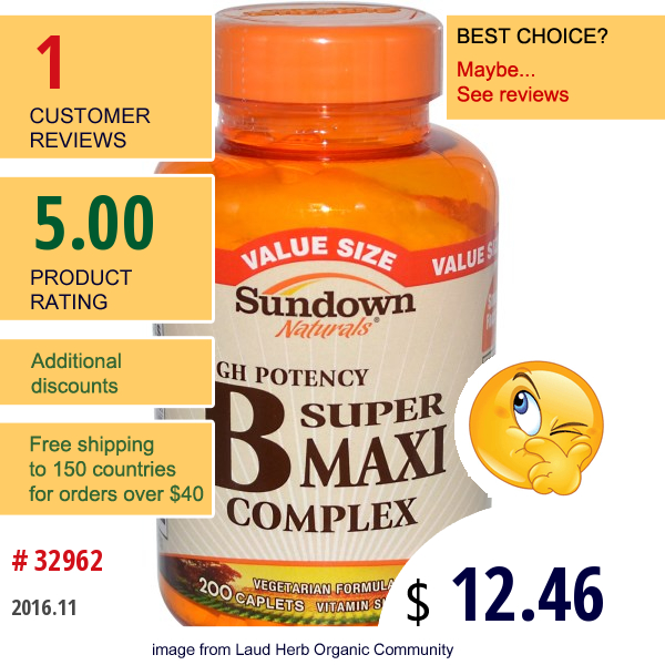 Rexall Sundown Naturals, High Potency Super B Maxi Complex, 200 Caplets   