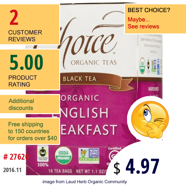 Choice Organic Teas, Organic, English Breakfast, Black Tea, 16 Tea Bags, 1.1 Oz (32 G)
