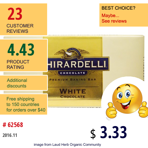 Ghirardelli, Premium Baking Bar, White Chocolate, 4 Oz (113 G)  