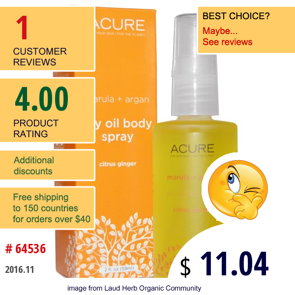 Acure Organics, Dry Oil Body Spray, Citrus Ginger, 2 Fl Oz (59 Ml)