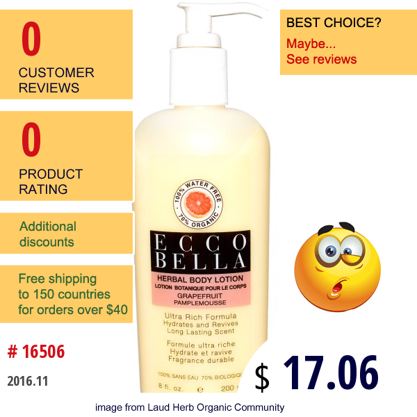 Ecco Bella, Herbal Body Lotion, Grapefruit, 8 Fl Oz (200 Ml)  