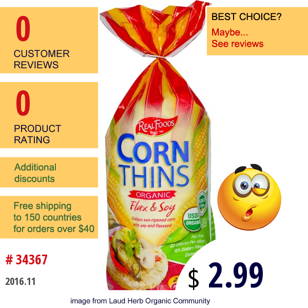 Real Foods, Corn Thins, Organic Popped Corn Cakes, Flax & Soy, 26 Slices, 5.3 Oz (150 G)  