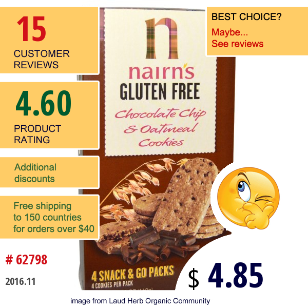 Nairns Inc, Gluten Free, Chocolate Chip & Oatmeal Cookies, 5.64 Oz (160 G)