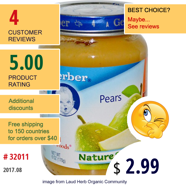 Gerber, 3Rd Foods, Natureselect, Pears, 6 Oz (170 G)  