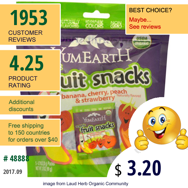 Yumearth, Organic Fruit Snacks, Banana, Cherry, Peach & Strawberry, 5 Packs, 0.70 Oz (20 G) Each 