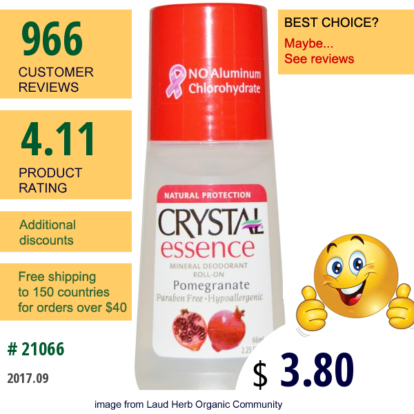 Crystal Body Deodorant, Crystal Essence, Mineral Deodorant Roll-On, Pomegranate, 2.25 Fl Oz (66 Ml)