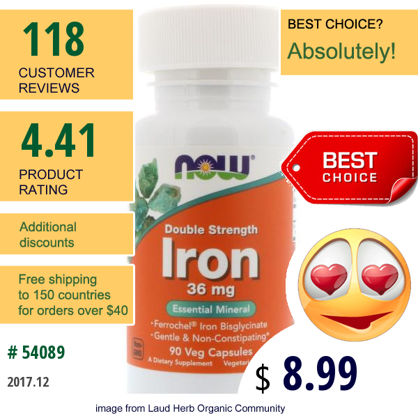 Now Foods, Iron, Double Strength, 36 Mg, 90 Veg Capsules