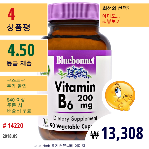 Bluebonnet Nutrition, 비타민 B-6, 200 Mg, 90 베지캡