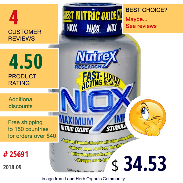 Nutrex Research, Niox, Maximum Impact, Nitric Oxide Stimulator, 180 Fast-Acting Liqui-Caps  