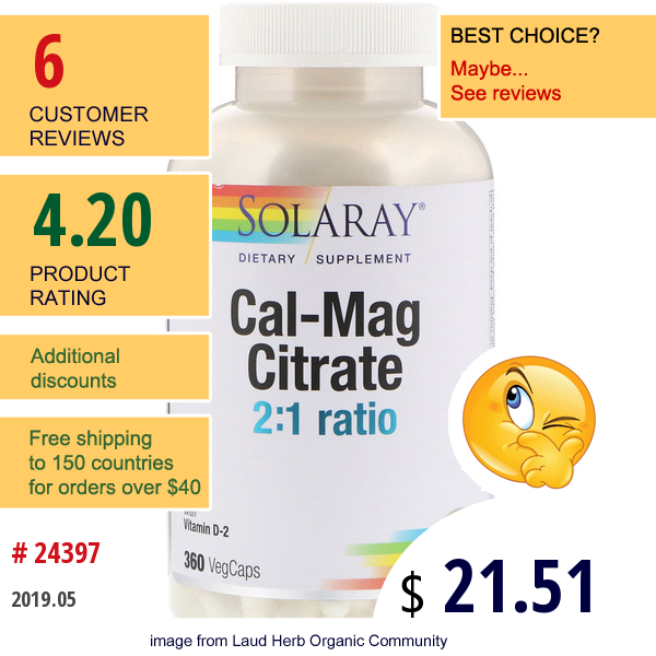 Solaray, Cal-Mag Citrate 2:1 Ratio, 360 Vegcaps