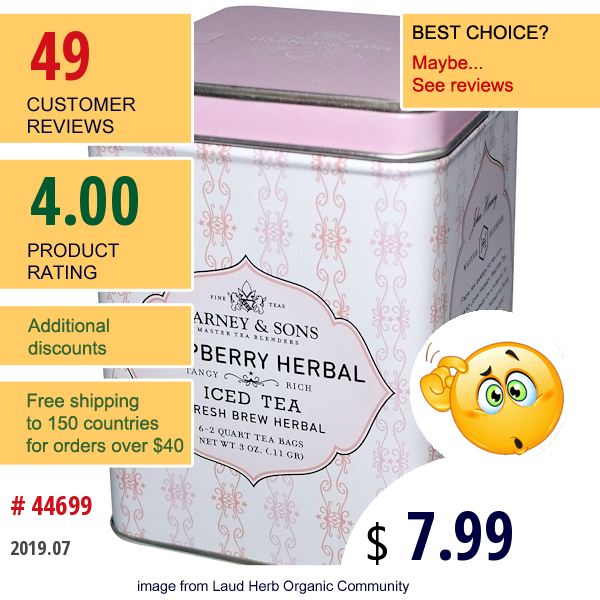 Harney & Sons, Raspberry Herbal Iced Tea,  6 - 2 Quart Tea Bags, 3 Oz (.11G)  