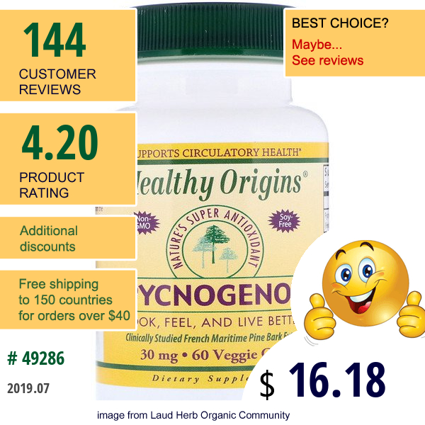 Healthy Origins, Pycnogenol, 30 Mg, 60 Veggie Caps
