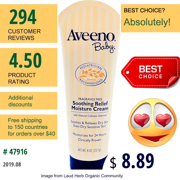 Aveeno, Baby, Soothing Relief Moisture Cream, Fragrance Free, 8 Oz (227 G)  
