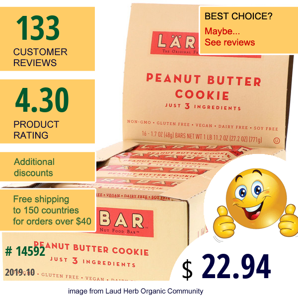 Larabar, Peanut Butter Cookie, 16 Bars, 1.7 Oz (48 G) Each