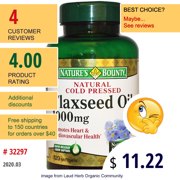 Nature'S Bounty, Natural Cold Pressed Flaxseed Oil, 1000 Mg, 120 Softgels Nature'S Bounty, Natural Cold Pressed Flaxseed Oil, 1000 Mg, 120 Softgels