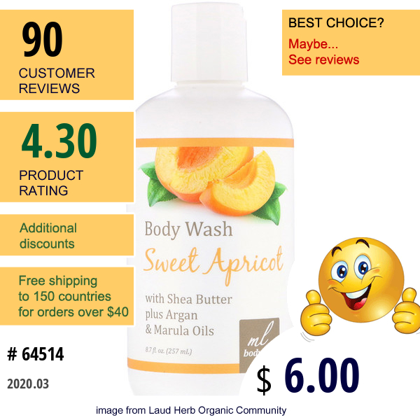 Madre Labs, Body Wash, Sweet Apricot With Shea Butter Plus Argan & Marula Oils, 8.7 Fl Oz (257 Ml)  