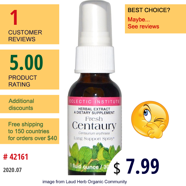 Eclectic Institute, Fresh Centaury, Lung Support Spray, 1 Fl Oz (30 Ml)  