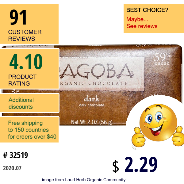 Dagoba Organic Chocolate, Dark Chocolate, 2 Oz (56 G)  