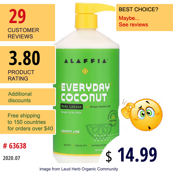 Alaffia, Everyday Coconut, Body Lotion, Normal To Dry Skin, Coconut Lime, 32 Fl Oz (950 Ml)