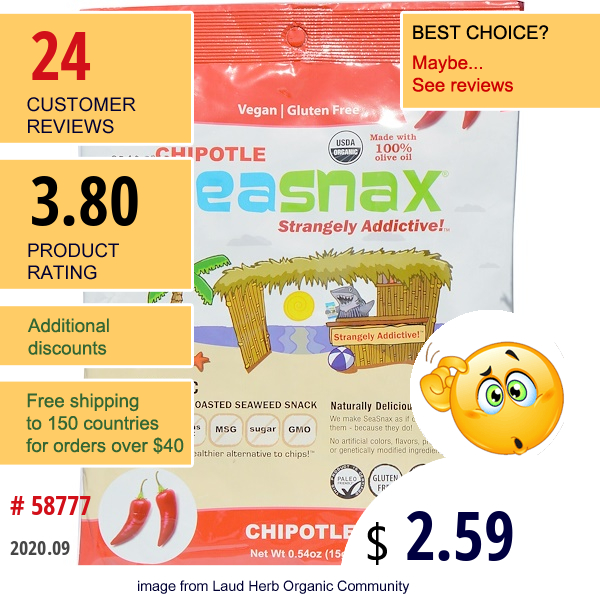 Seasnax, Organic Premium Roasted Seaweed Snack, Chipotle, 0.54 Oz (15 G)  