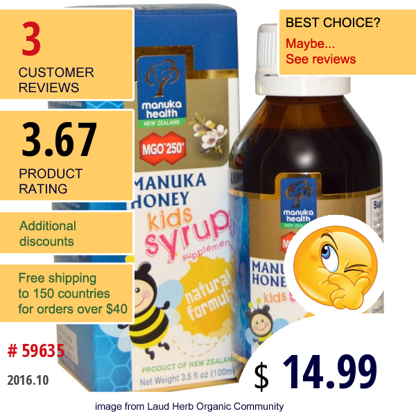 Manuka Health, Manuka Honey Kids Syrup, Mgo 250+, 3.5 Fl Oz (100 Ml)