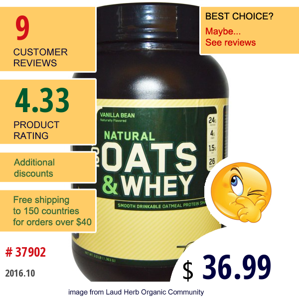 Optimum Nutrition, Natural 100% Oats & Whey, Vanilla Bean, 3.0 Lbs (1,363 G)