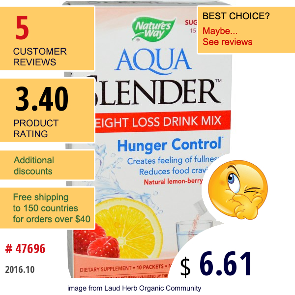 Natures Way, Aqua Slender, Weight Loss Drink Mix, Lemon-Berry Flavor, 10 Packets, 7 G Each Natures Way, Aqua Slender, Weight Loss Drink Mix, Lemon-Berry Flavor, 10 Packets, 7 G Each