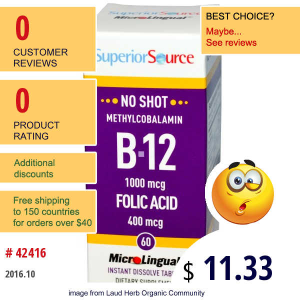 Superior Source, B-12 Methylcobalamin & Folic Acid, 1000 Mcg/400 Mcg, 60 Microlingual Instant Dissolve Tablets