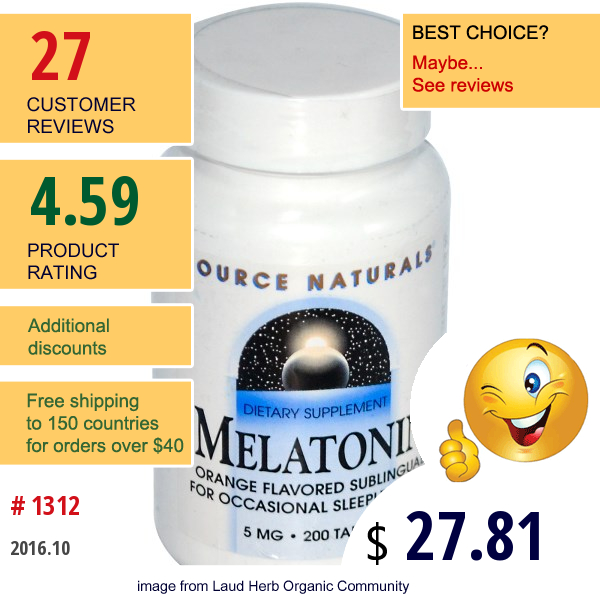 Source Naturals, Melatonin, Orange Flavored, 5 Mg, 200 Tablets