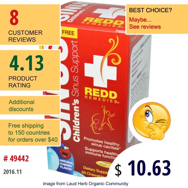 Redd Remedies, Sinus, Childrens Sinus Supports, Natural Cherry Flavor, 60 Chewable Tablets  