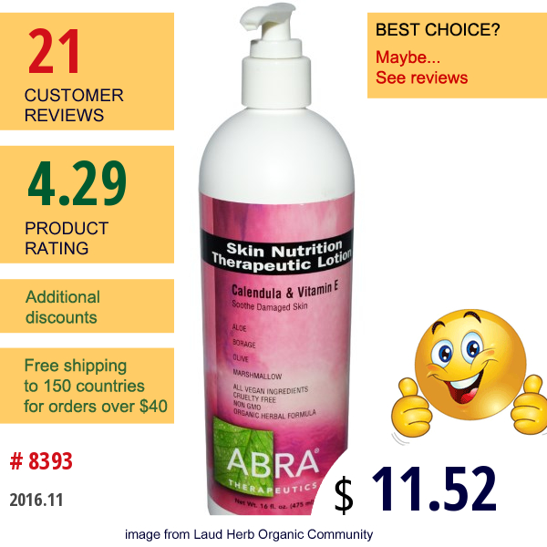 Abra Therapeutics, Skin Nutrition Therapeutic Lotion, Calendula & Vitamin E, 16 Fl Oz (475 Ml) Abra Therapeutics, Skin Nutrition Therapeutic Lotion, Calendula & Vitamin E, 16 Fl Oz (475 Ml)