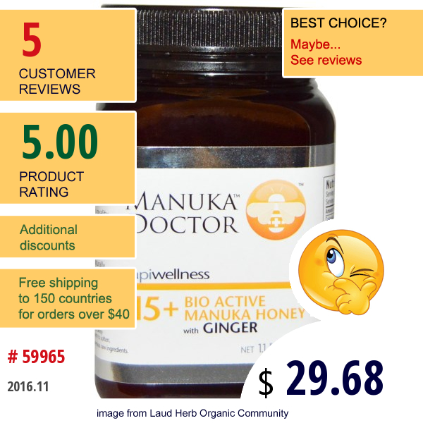Manuka Doctor, Apiwellness, Bio Active 15+ Manuka Honey With Ginger, 1.1 Lb (500 G)