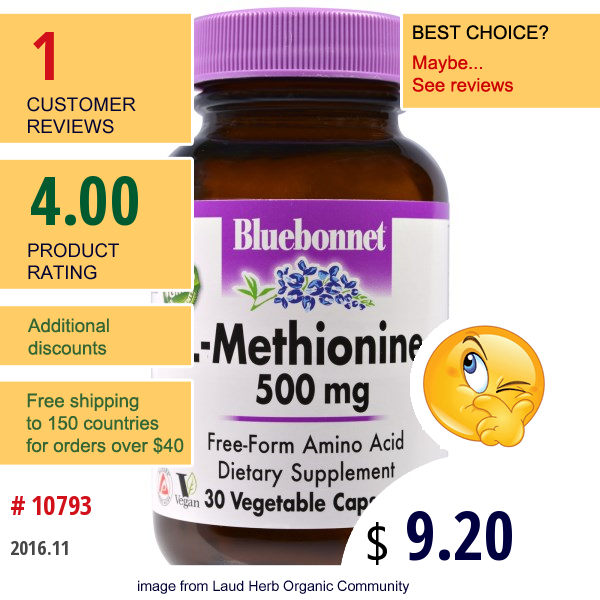 Bluebonnet Nutrition, L-Methionine, 500 Mg, 30 Veggie Caps
