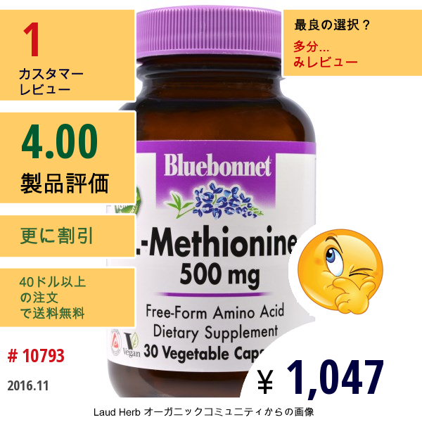 Bluebonnet Nutrition, L-メチオニン、500 Mg、30ベジキャップ