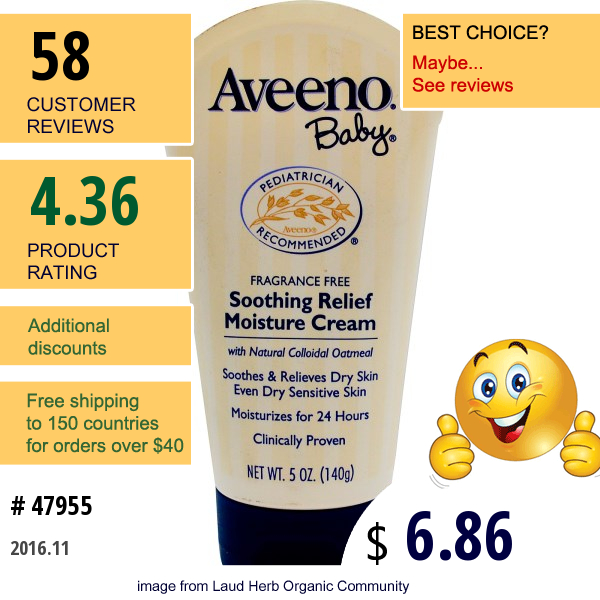 Aveeno, Baby, Soothing Relief Moisture Cream, Fragrance Free, 5 Oz (140 G)  