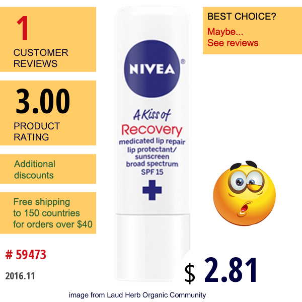 Nivea, A Kiss Of Recovery, Medicated Lip Repair, Spf 15, 0.17 Oz (4.8 G)
