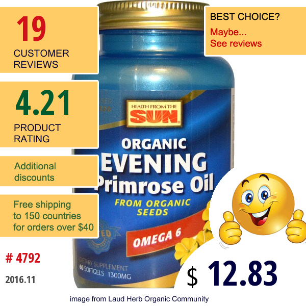Health From The Sun, Organic, Evening Primrose Oil, 1,300 Mg, 60 Softgels