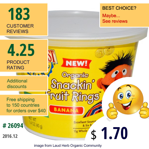 Earths Best, Organic, Snackin Fruit Rings, Banana, 1.4 Oz (40 G)  