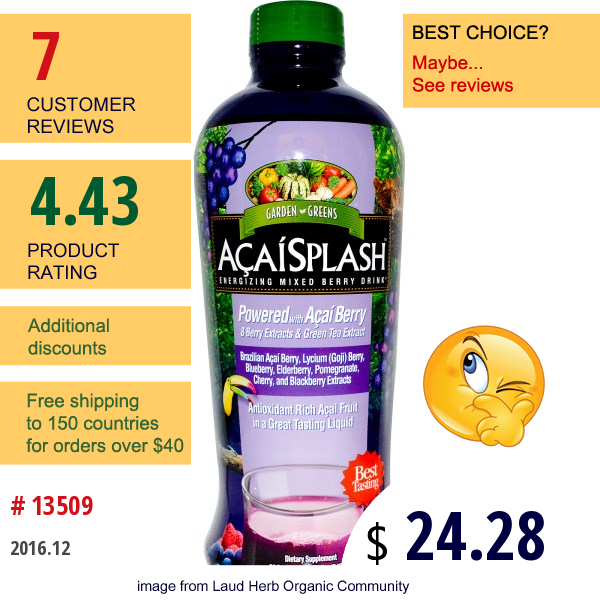 Garden Greens, Acaisplash, Energizing Mixed Berry Drink, 32 Fl Oz (946 Ml)